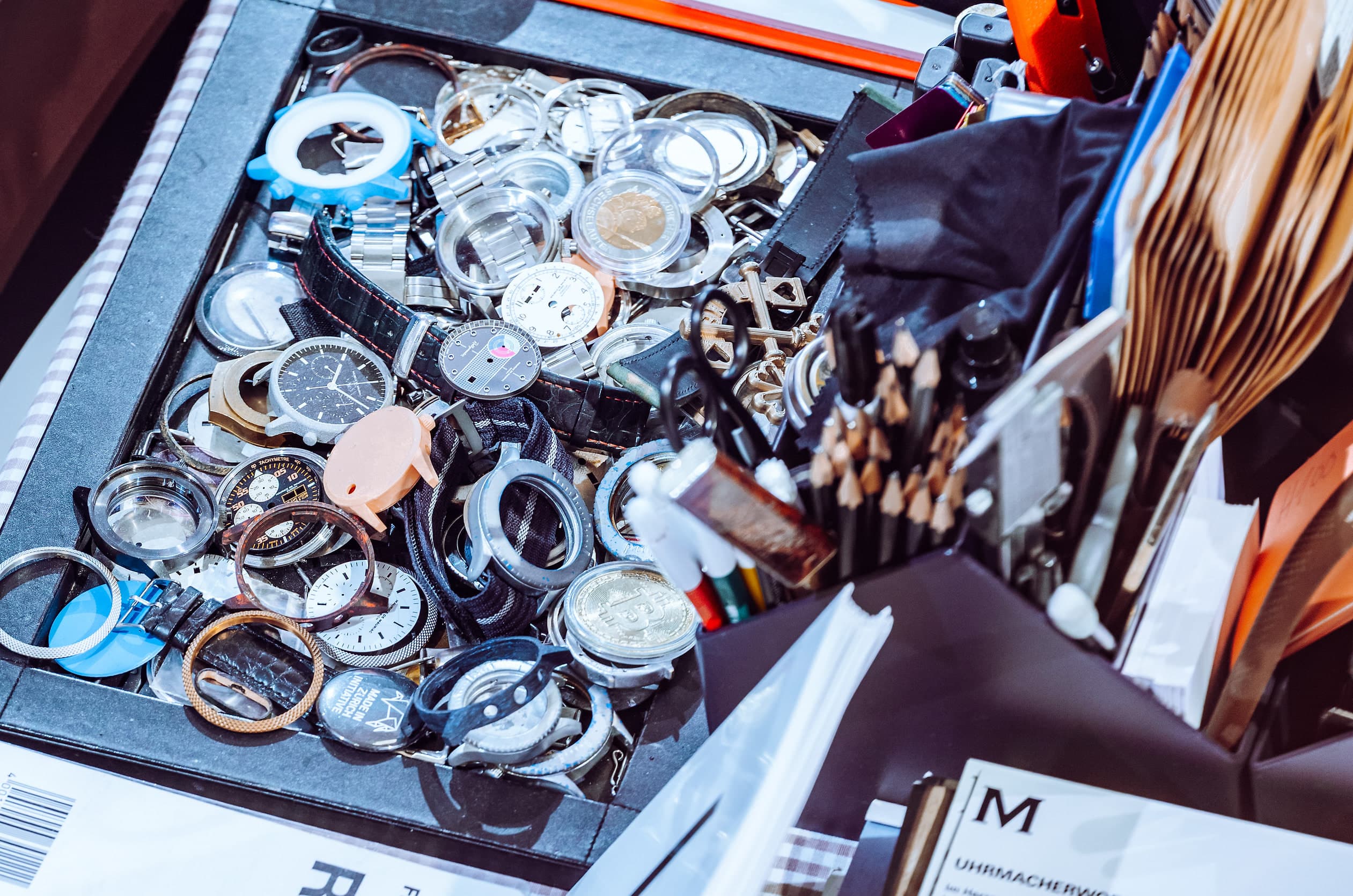 Watch parts and tools in the Maurice de Mauriac atelier
