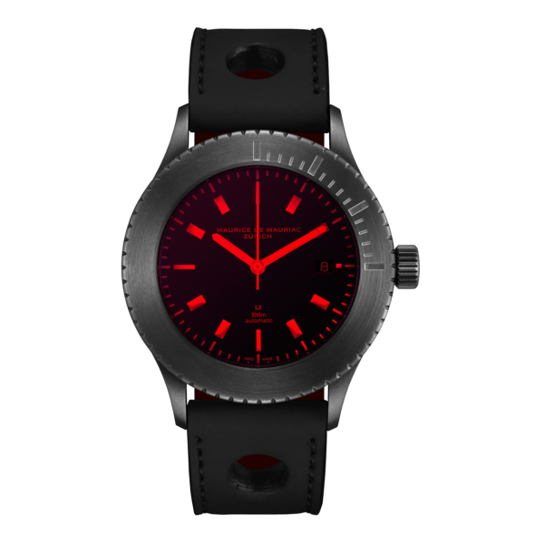 Taucheruhr mit rotem Saphirglas und schwarzem Kautschuk Uhrenband