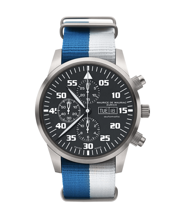 Chrono Uhr mit dunklem Zifferbaltt, mit Natoband in weiss blau