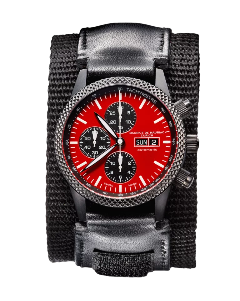 Chrono Uhr mit roten Zifferblatt und schwarzem Uhrenband aus Leder