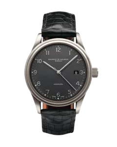 Mechanische Uhr mit dunklem Zifferblatt und Uhrenband aus Leder