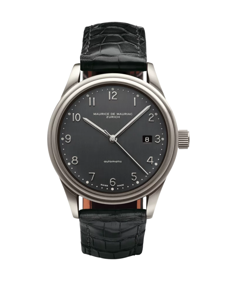 Mechanische Uhr mit dunklem Zifferblatt und Uhrenband aus Leder